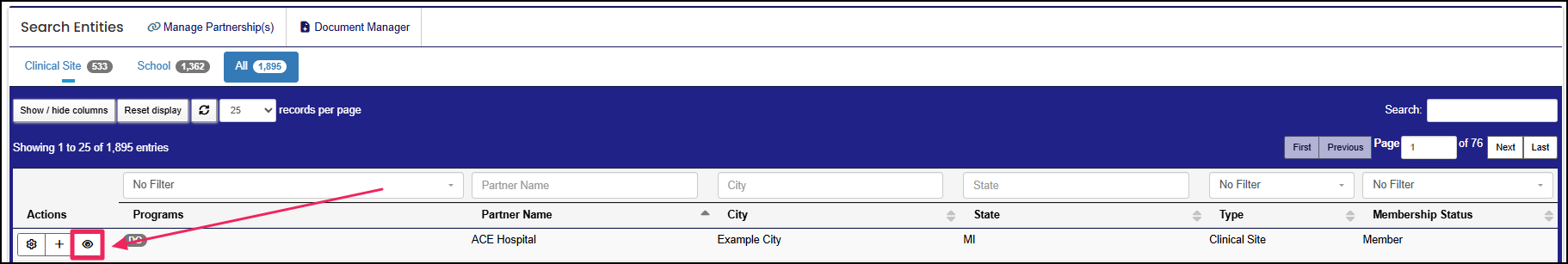 Search entities table highlighting the view button to access the organization entity profile.