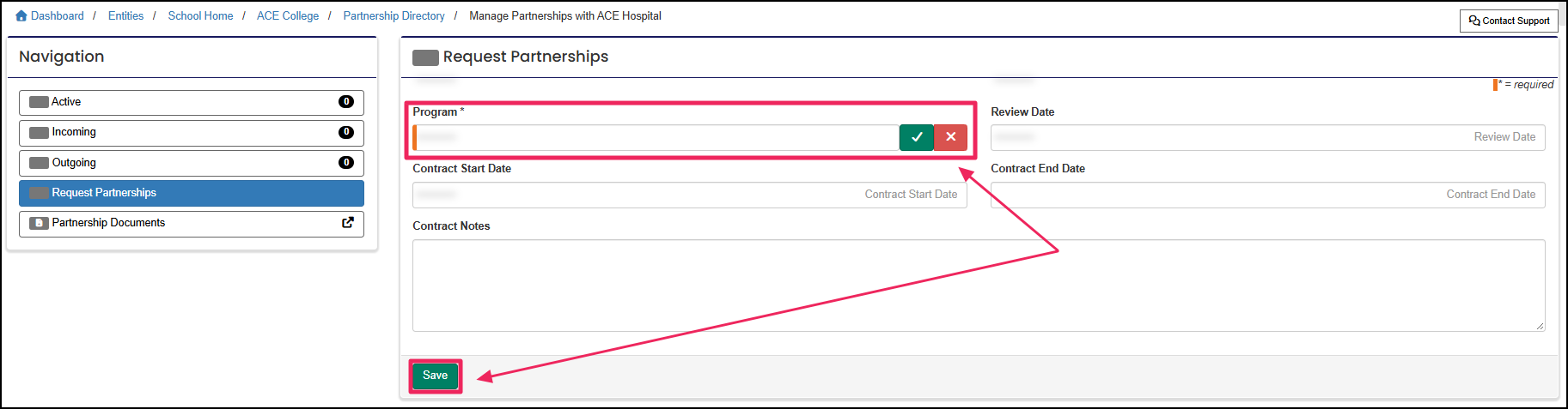 Request Partnership form highlighting the required "Program" field and "Save" button.