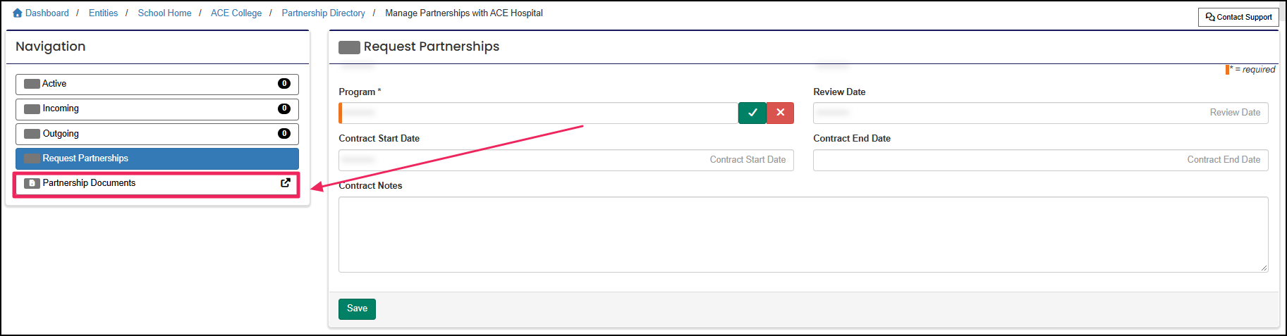 Request partnerships page highlighting the partnership documents tab.