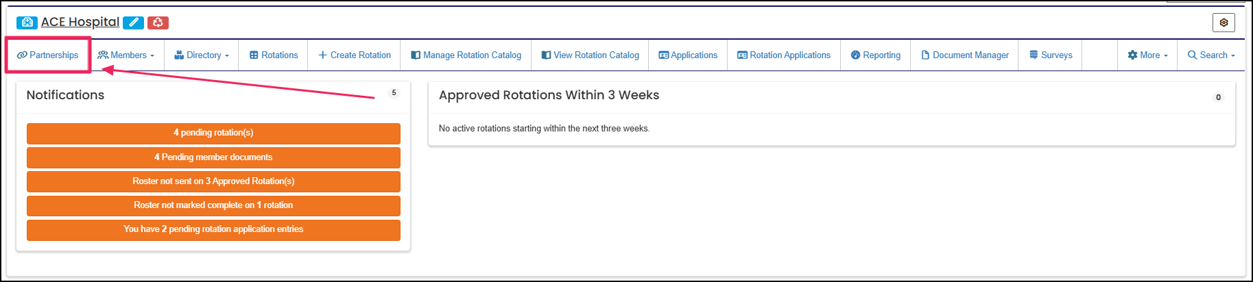Clinical site home page navigation bar with the partnership directory tab.