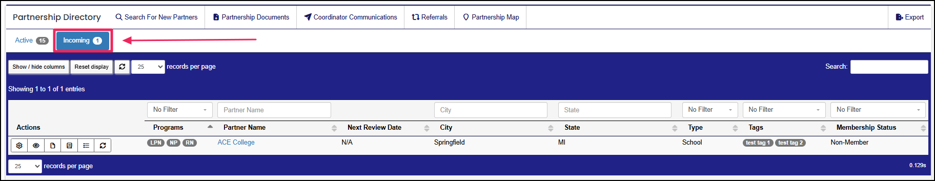 Partnership Directory table highlighting the Incoming button.