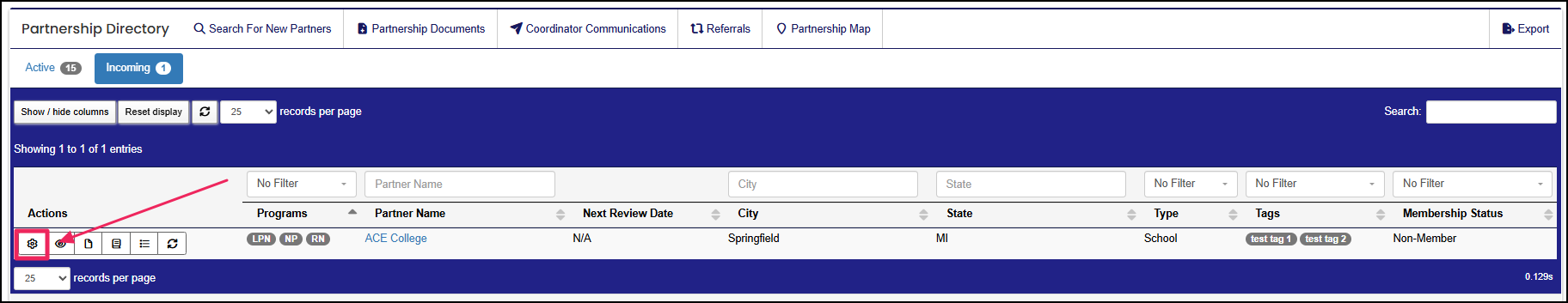 Partnership Directory table with an arrow pointing to the Manage Partnership button.
