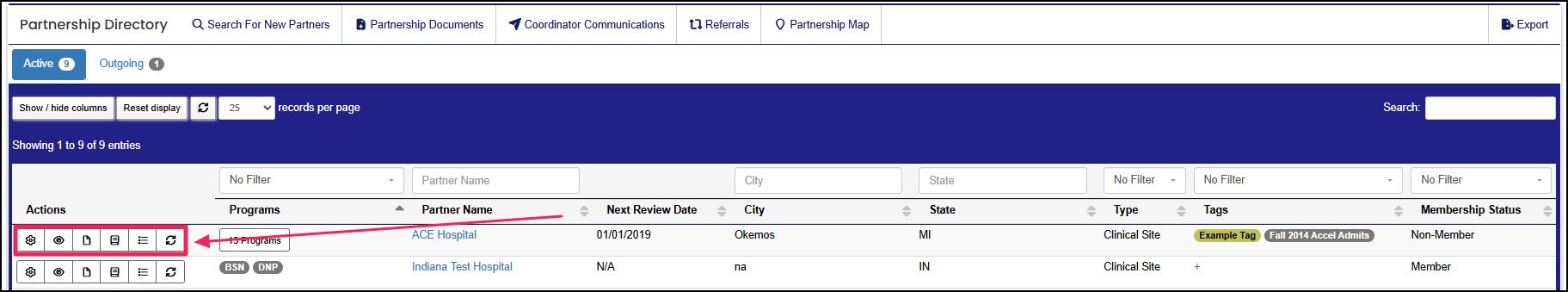 Entity partnership directory highlighting the buttons under the actions column.