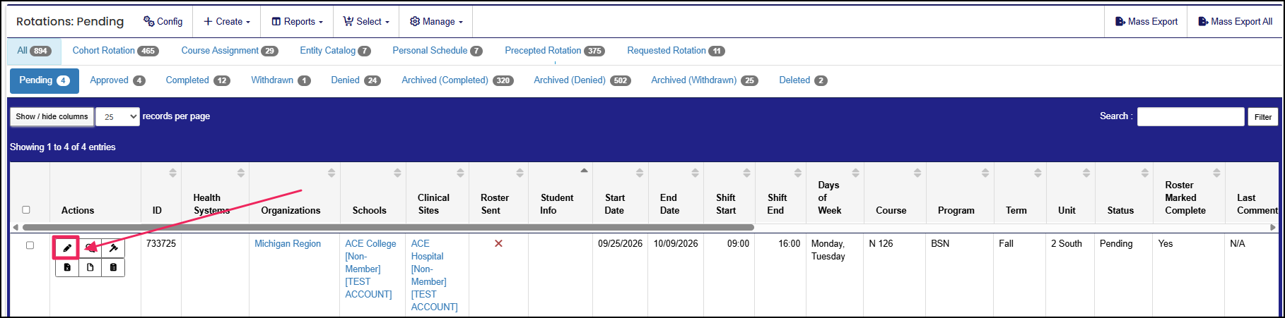 Rotation Table highlighting Edit button