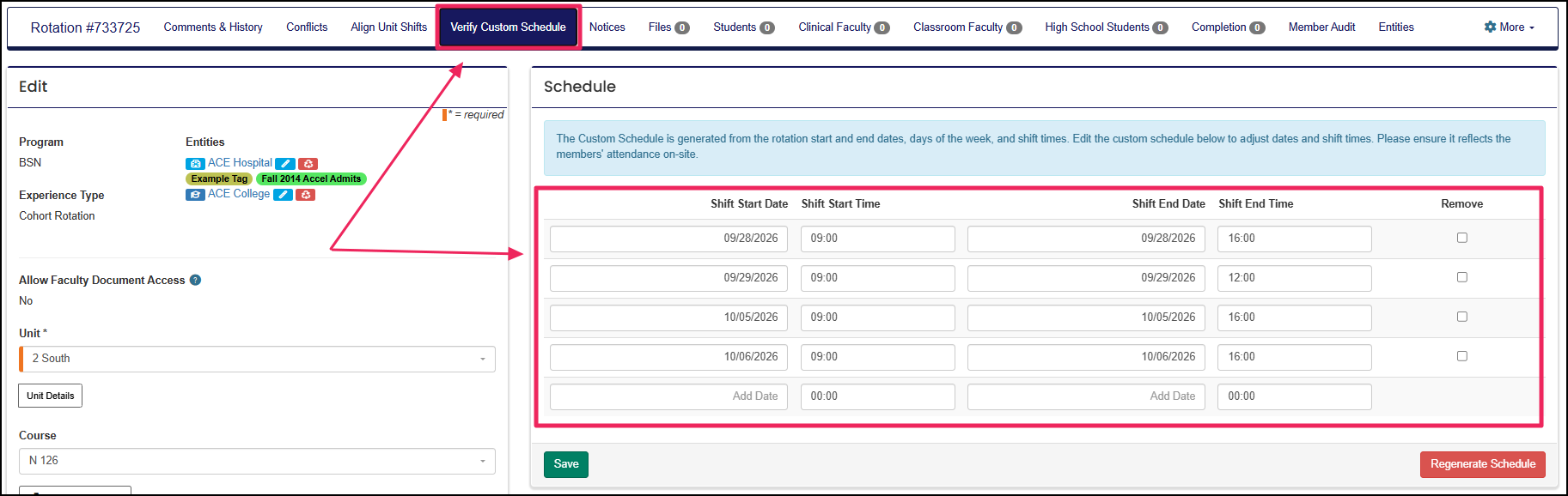 Edit Rotation screen highlighting Verify Custom Schedule section