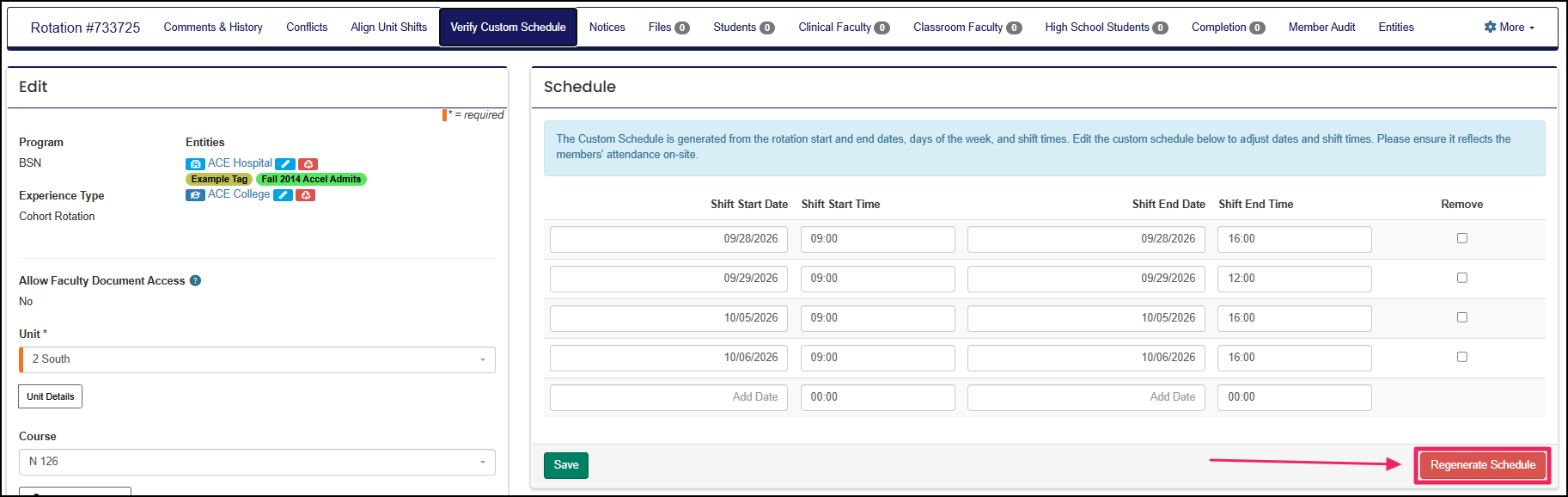 Verify Custom Schedule page highlighting the regenerate schedule button.
