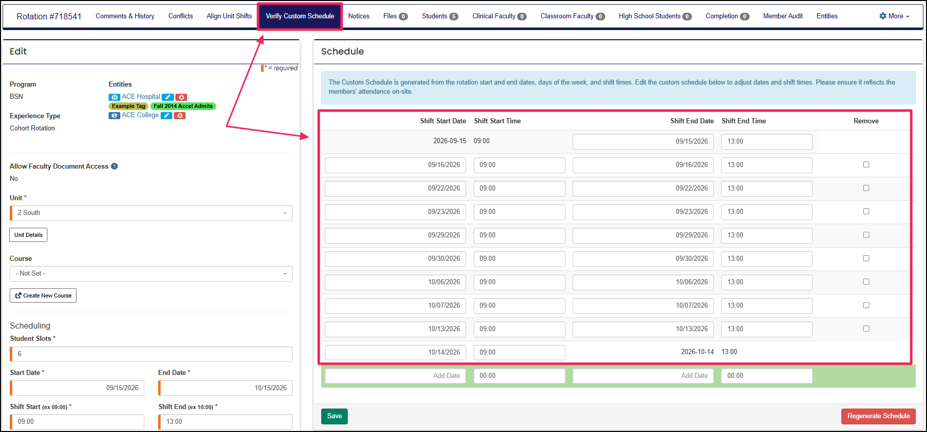 Edit Rotation screen highlighting Verify Custom Schedule section.