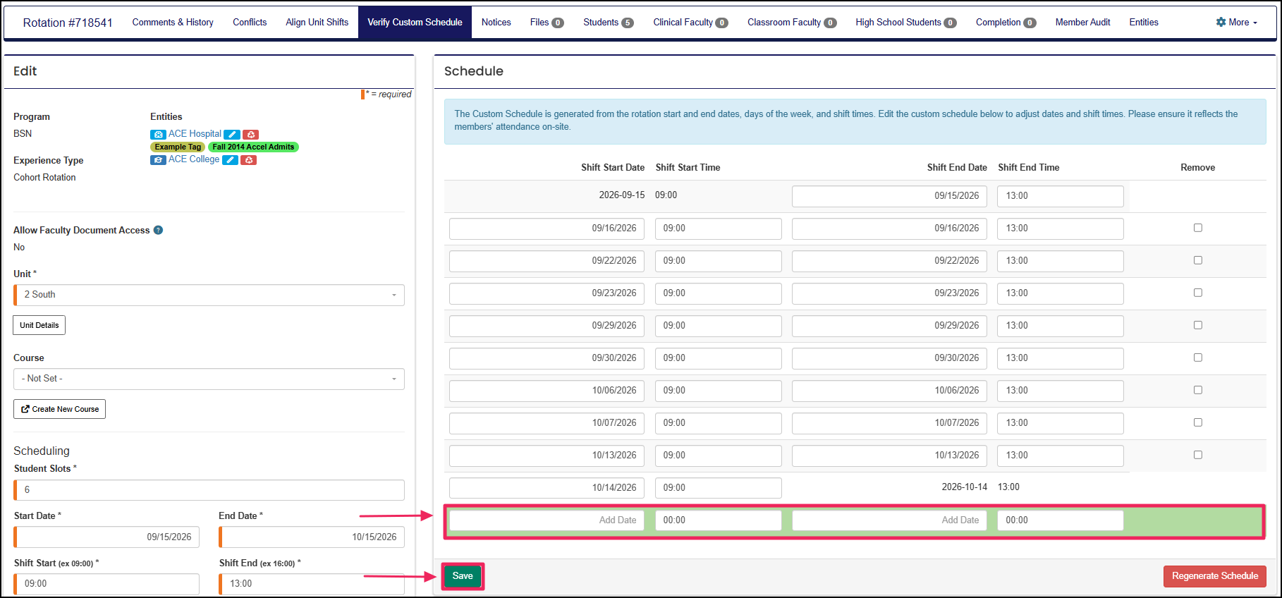 Rotation schedule form highlighting the area to add a new date to the schedule.