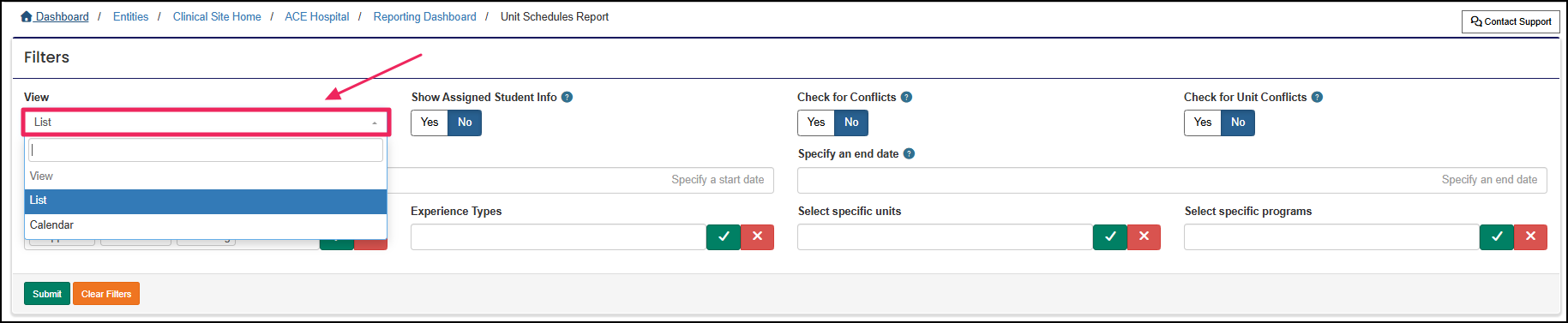 Unit Schedules Report filters panel highlighting View selector.