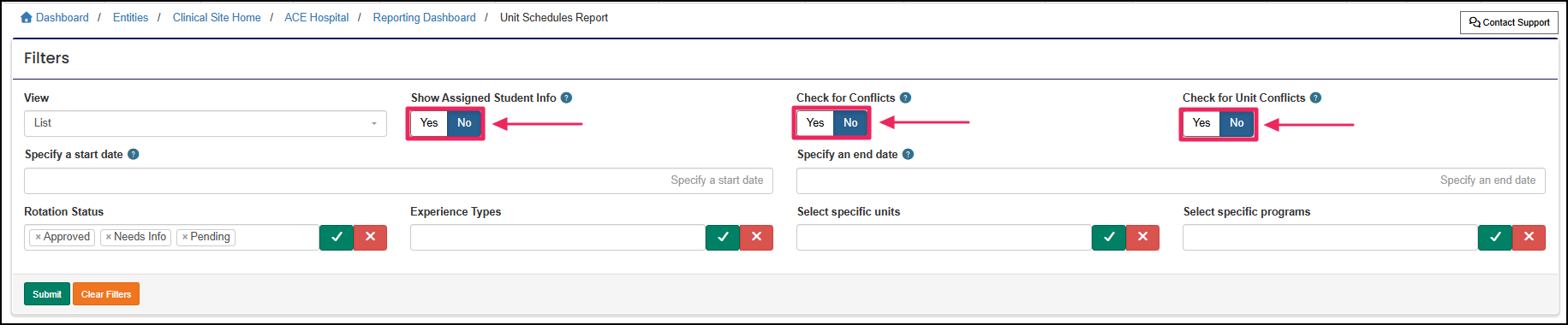 Unit Schedules Report filters panel highlighting show Assigned Student Info, Check for Conflicts, and check for unit conflicts toggle switches