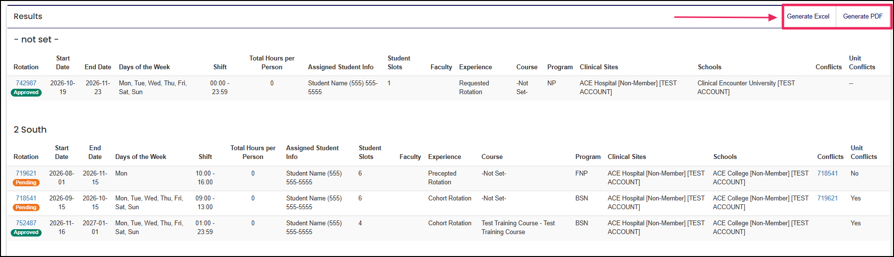 Report results highlighting the Generate Excel and Generate PDF buttons.