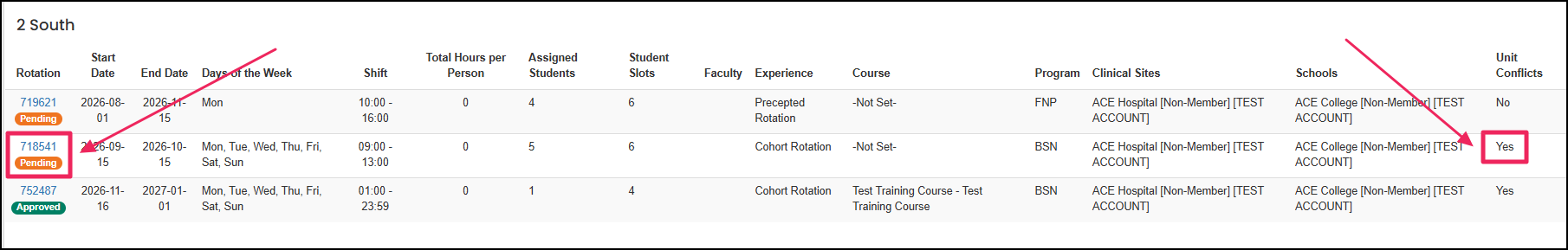 Unit schedules report highlighting the unit conflicts column indicating "yes," and the hyperlinked rotation ID.