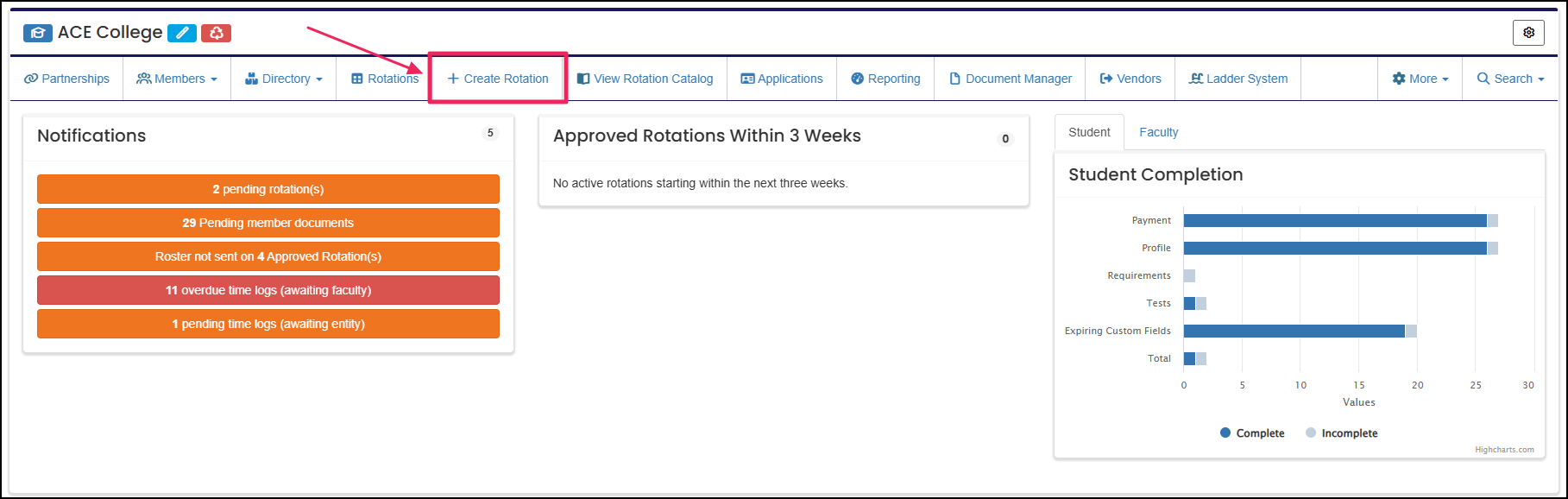 Home page pointing to Create Rotation button.