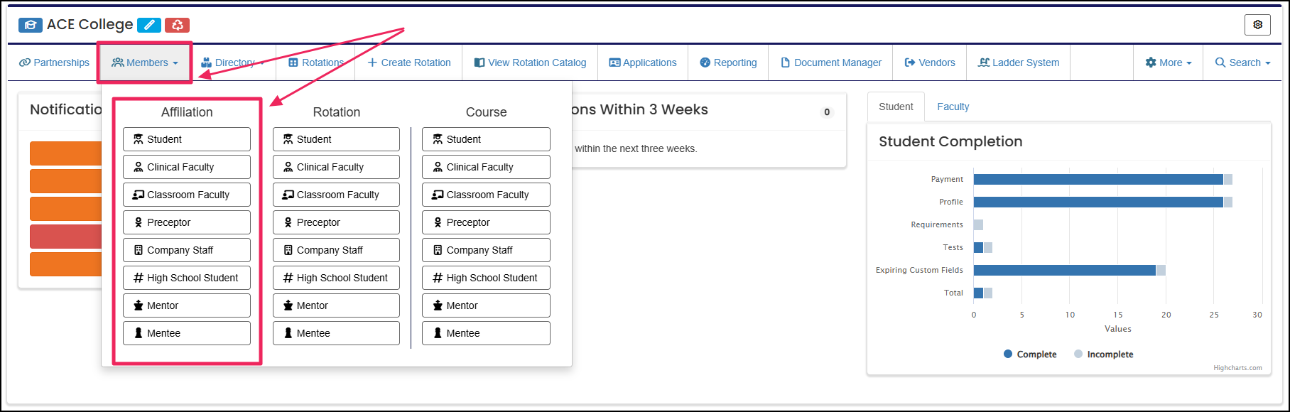 User homepage highlighting Members dropdown and Member type Affiliation column.