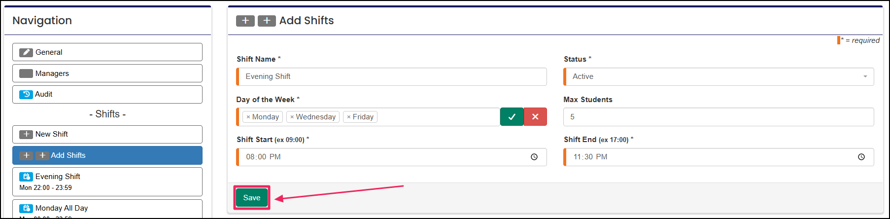 Add shifts page highlighting the save button.