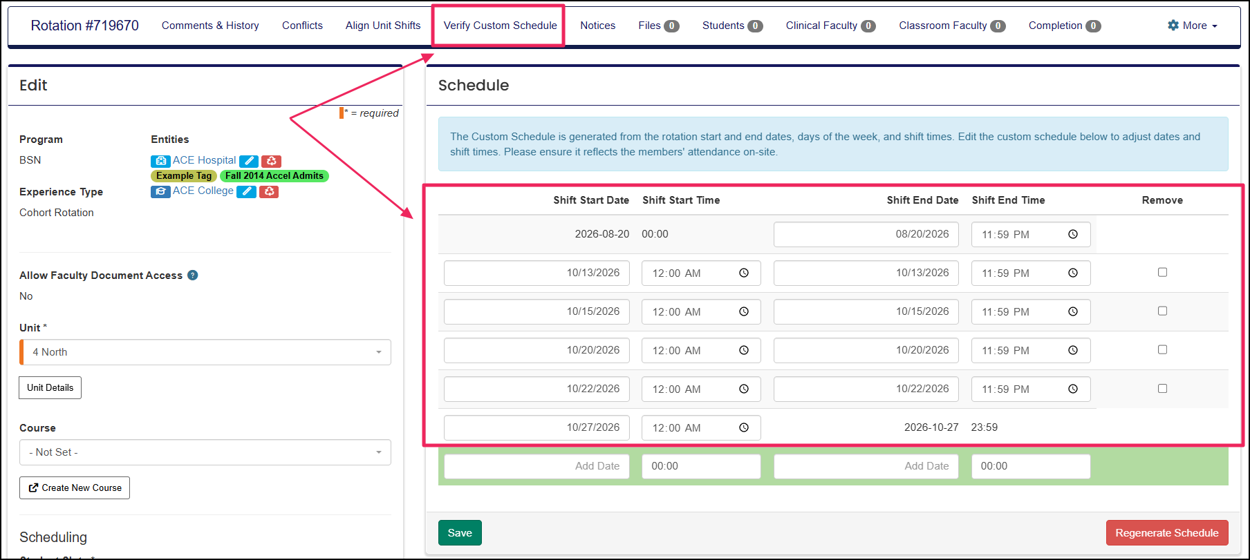 Edit Rotation screen highlighting Verify Custom Schedule section.