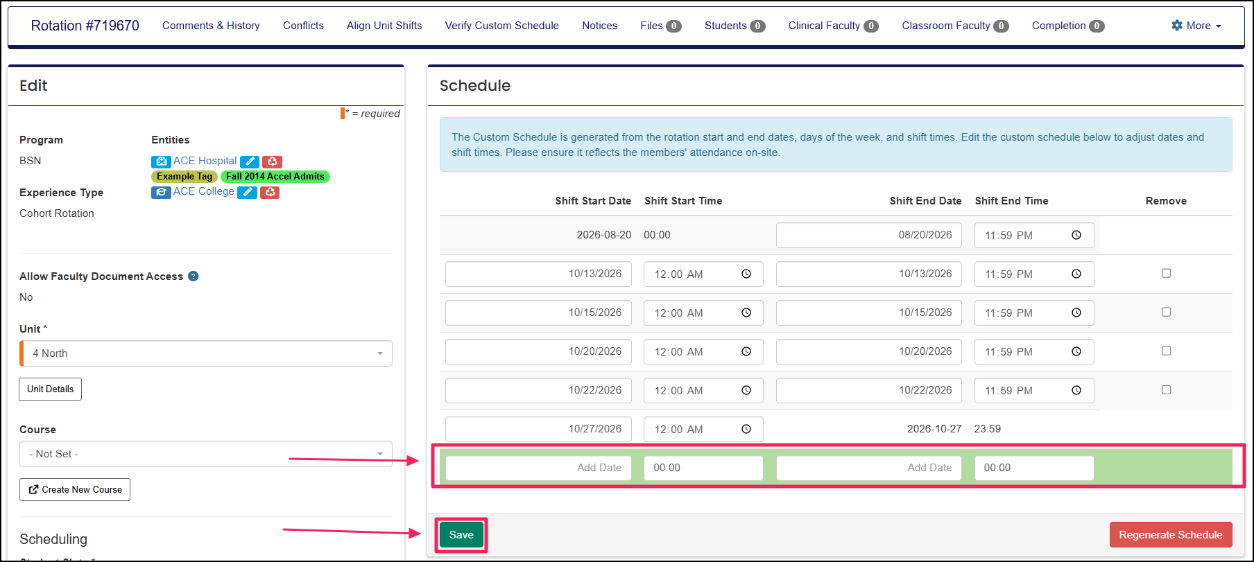 Rotation schedule form highlighting the area to add a new date to the schedule.