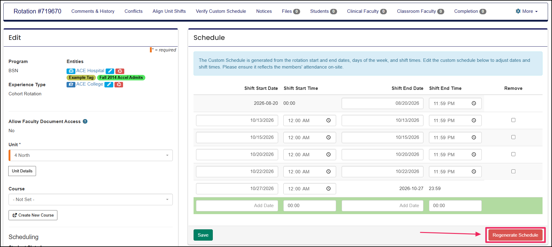 Verify Custom Schedule page highlighting the regenerate schedule button.