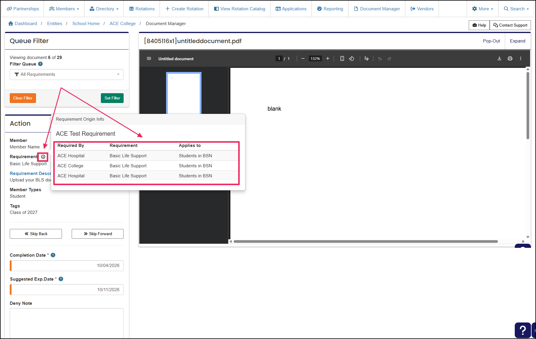 Document manager queue highlighting the requirement origin info button and modal.