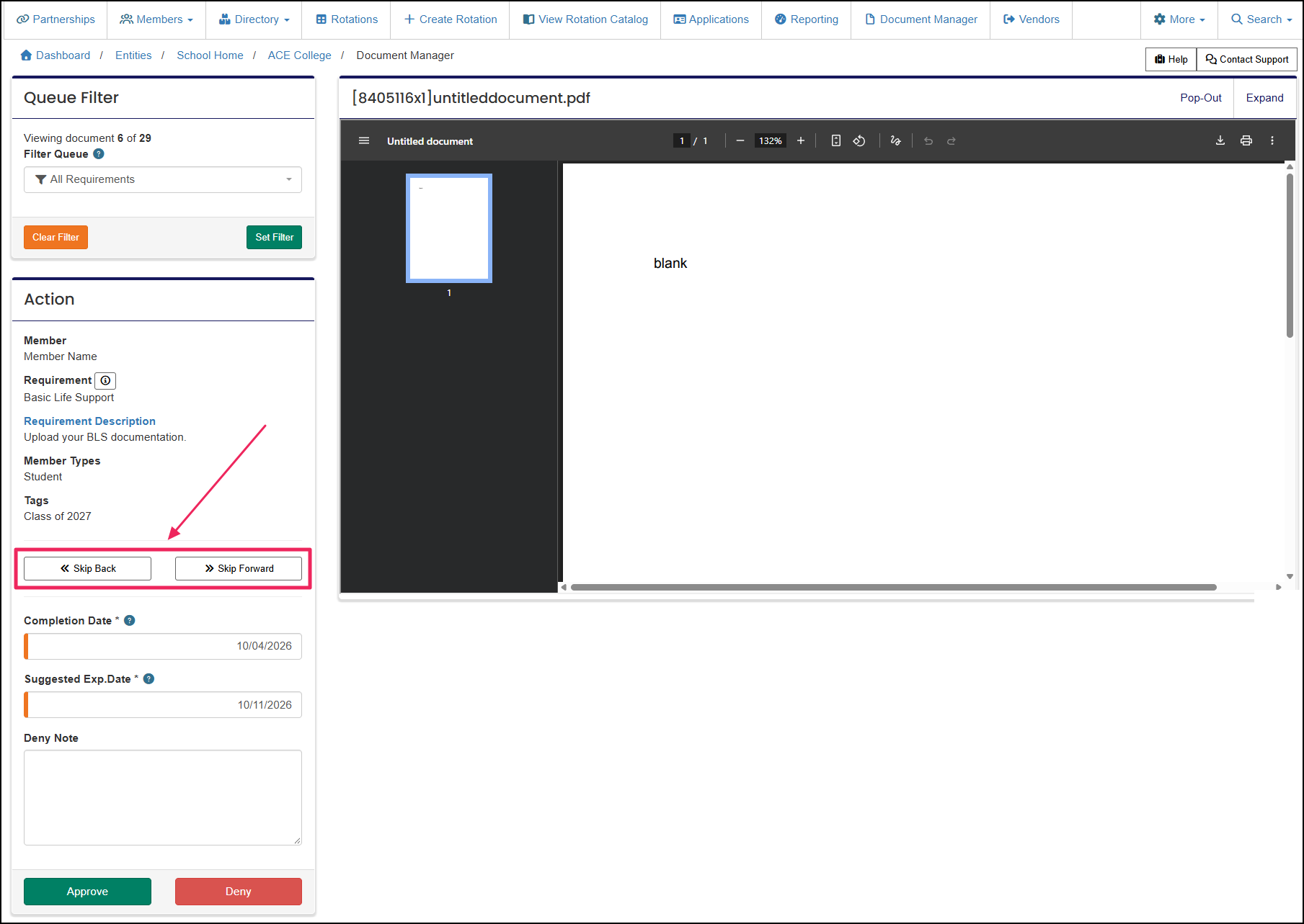 Document manager queue view highlighting the previous and next buttons.