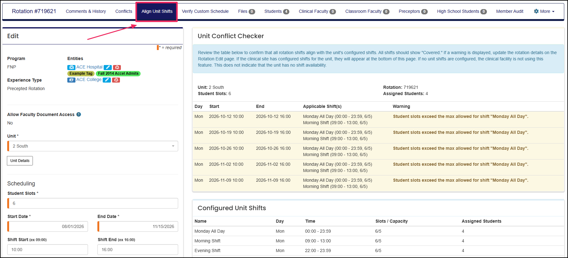 Rotation manage page highlighting the align unit shifts tab.