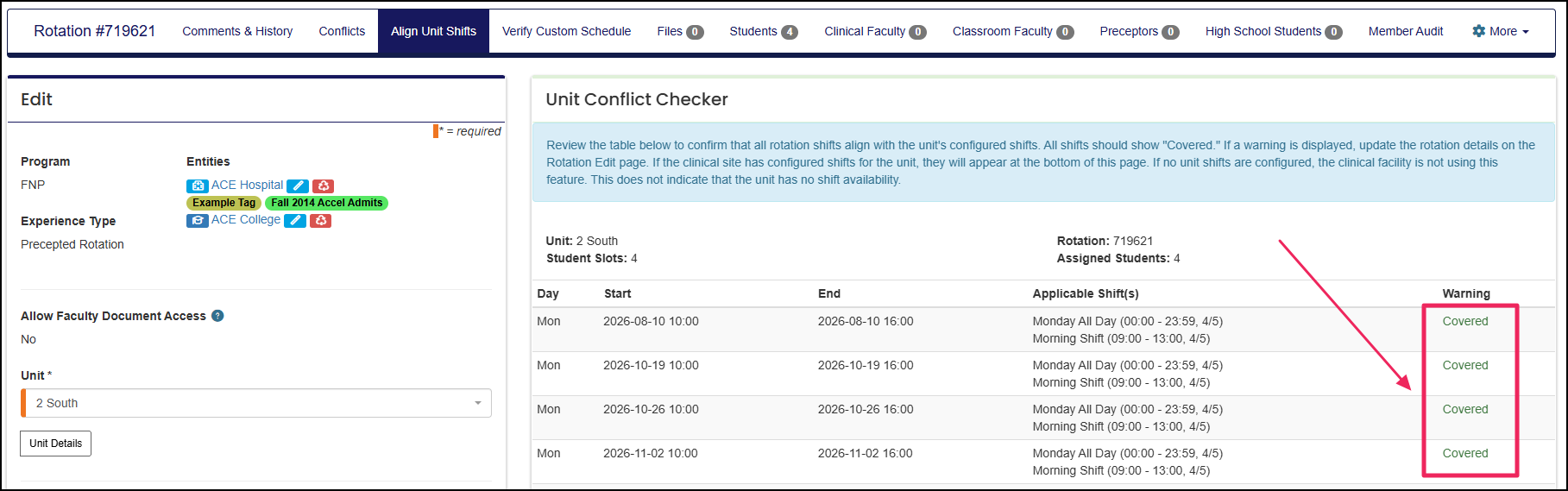 Unit conflict checker highlighting the warning column showing covered.